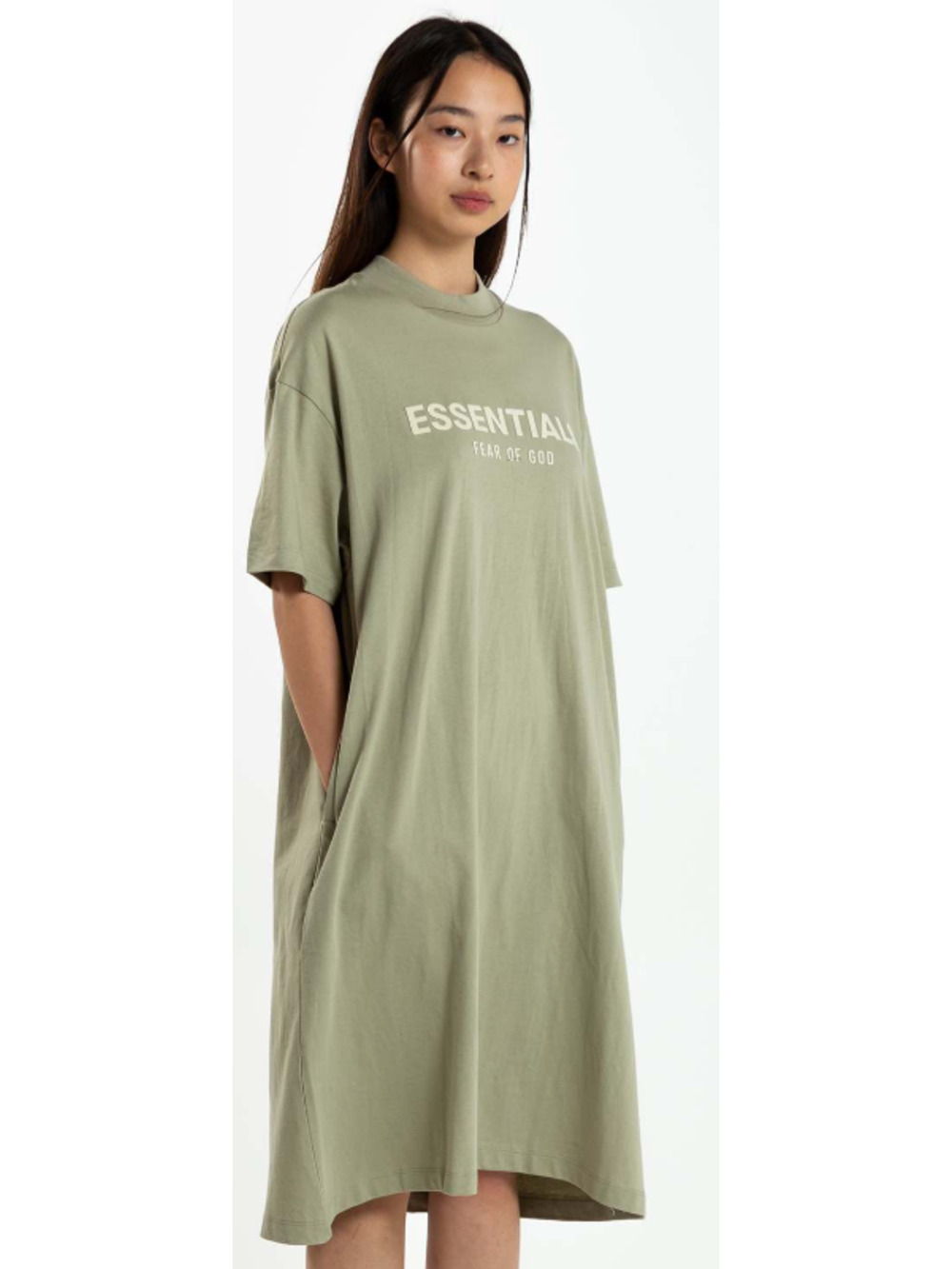Fear of God Essentials Mock-Neck T-Shirt Dress Size XS Tan Pockets Oversized